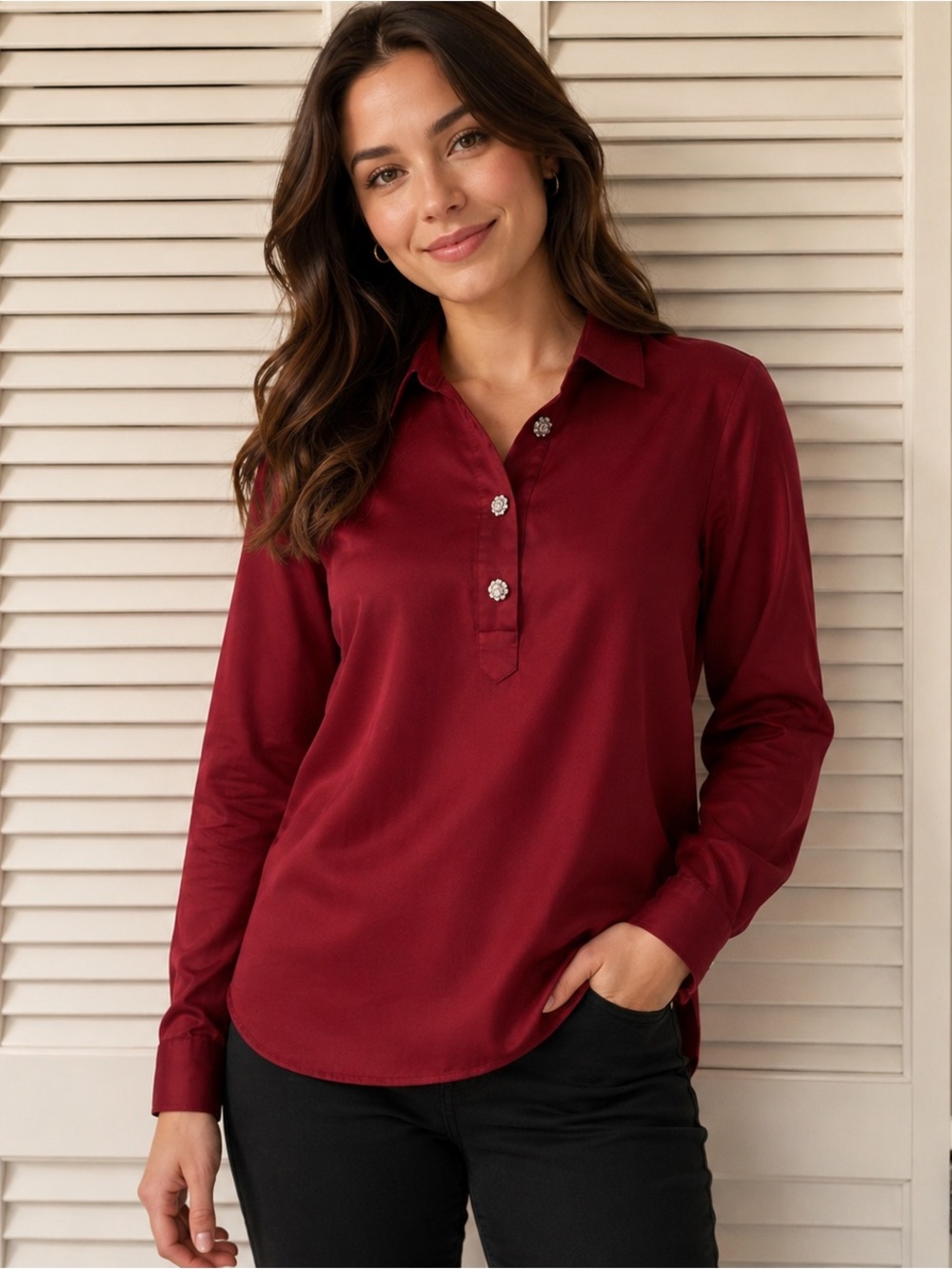 Soft Surroundings Burgundy Button-Front Long Sleeve Women’s Size XS